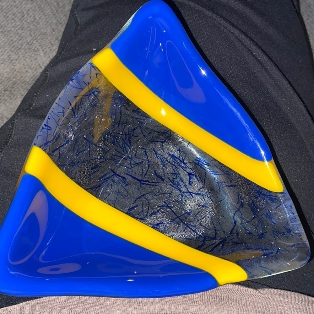 Beautiful blue and gold art glass triangle dish T3